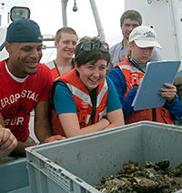 Students looking at oysters on an REU cruise. Photograph, Sandy Rodgers